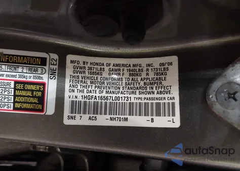 2007 Honda Civic Lx from USA, damaged, VIN 1HGFA16567L001731